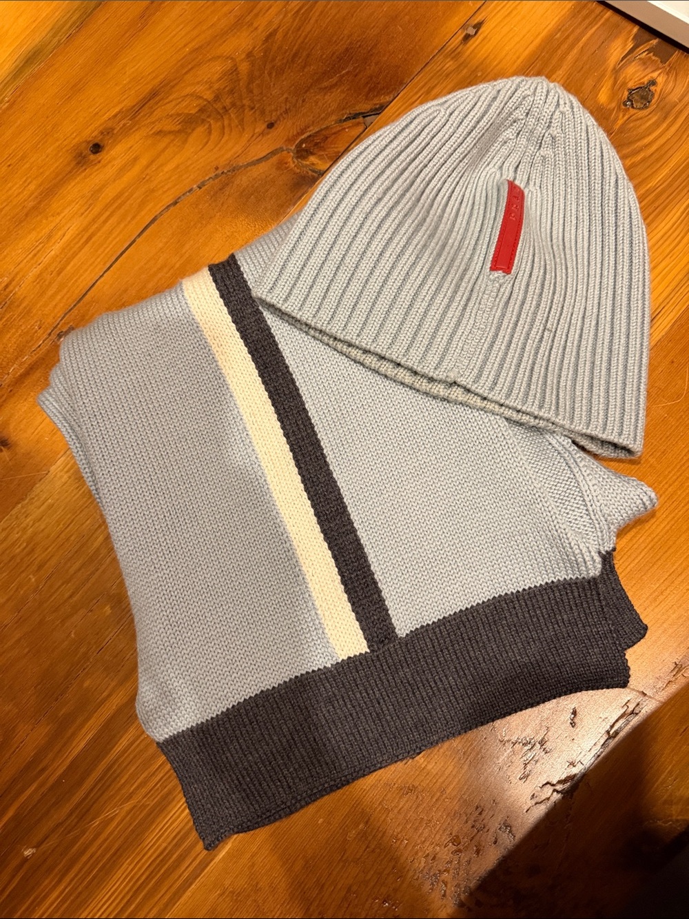 Prada Light Gray Knit Crewneck Scarf and matching hat with Contrast Stripes